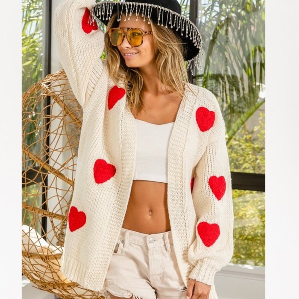 New Heart Embroidered Cardigan Sweater ~ Sweetest Oversized Knit Valentine' Day - Picture 3 of 7